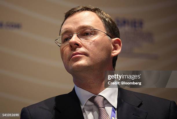 Alexey Yakovitsky, global chief executive officer of VTB Capital, looks on during a panel session on day two of the St. Petersburg International...