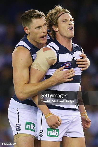 Josh Caddy of the Cats celebrates a goal with Mark Blicavs during the round 13 AFL match between the Western Bulldogs and the Geelong Cats at Etihad...