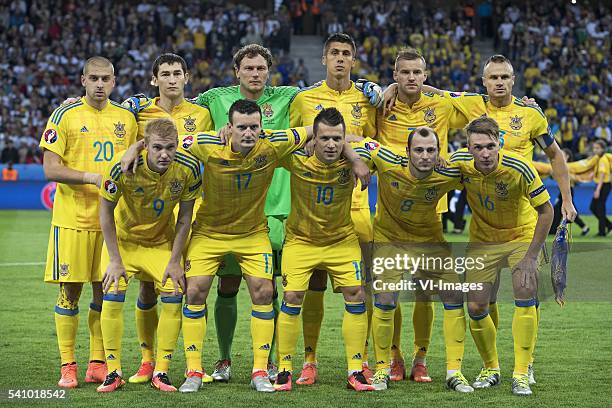 Yaroslav Rakitskyi of Ukraine, Taras Stepanenko of Ukraine, goalkeeper Andriy Pyatov of Ukraine, Yevhen Khacheridi of Ukraine, Andriy Yarmolenko of...