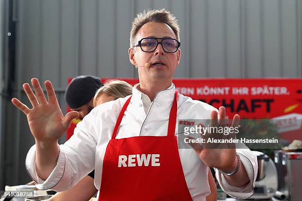 Holger Stromberg, chef of the German national team talks to the media during a show cooking event after a Germany press conference at Ermitage Evian...
