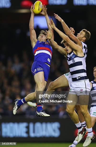 Liam Picken of the Bulldogs compete for the ball against Lachie Henderson of the Cats during the round 13 AFL match between the Western Bulldogs and...