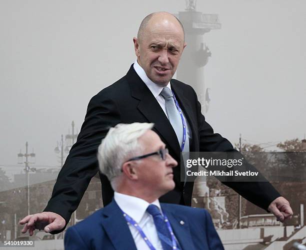 Russian billionaire and businessman Yevgeny Prigozhin and RSPP President Alexander Shokhin seen during the Saint Petersburg International Economic...