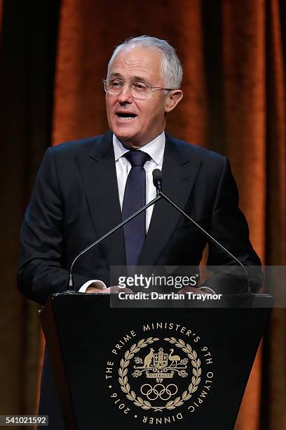 Prime Minister Malcolm Turnbull speaks at the Prime Minister's Olympic Dinner at The Melbourne Convention and Exhibition Centre on June 18, 2016 in...