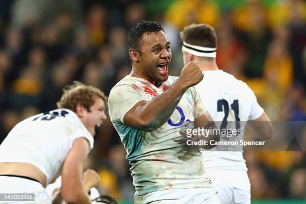 Billy Vunipola of England celebrates a penalty during the International Test match between the Australian Wallabies and England at AAMI Park on June...