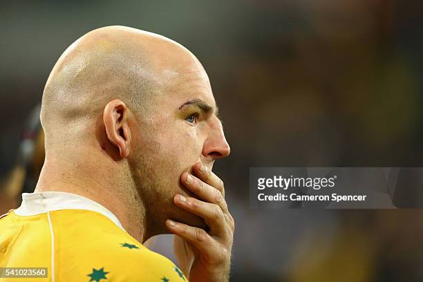 Wallabies captain Stephen Moore looks dejected after losing the International Test match between the Australian Wallabies and England at AAMI Park on...
