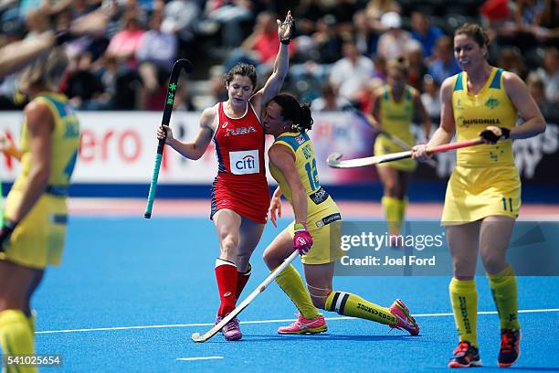 Michelle Vittese of the USA and Madonna Blyth of Australia clash during the FIH Women's Hockey Champions Trophy 2016 match between United States and...