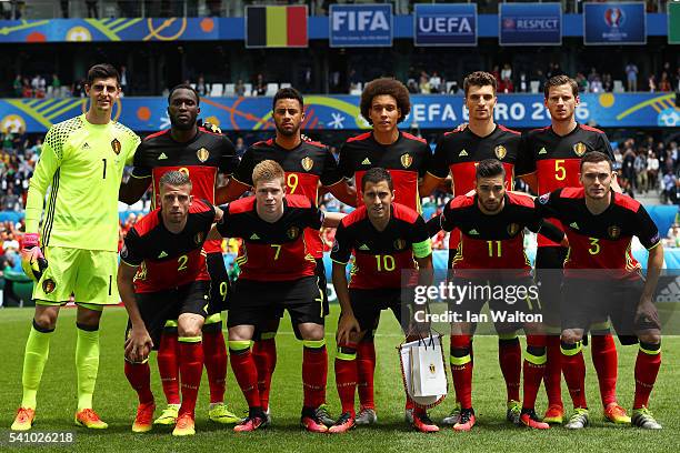 The Belgium team line up for photos prior to the UEFA EURO 2016 Group E match between Belgium and Republic of Ireland at Stade Matmut Atlantique on...