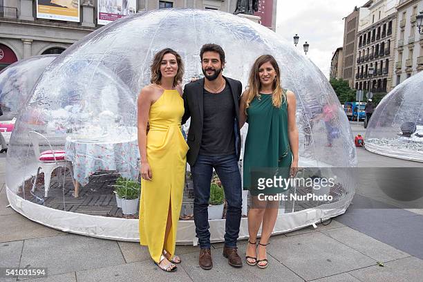 Actress Lucia Jimenez, actor Antonio Velazquez and Alejandra Osborne attend the 'home bubbles' event at Santa Isabel square on June 17, 2016 in...