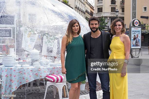 Actress Lucia Jimenez, actor Antonio Velazquez and Alejandra Osborne attend the 'home bubbles' event at Santa Isabel square on June 17, 2016 in...