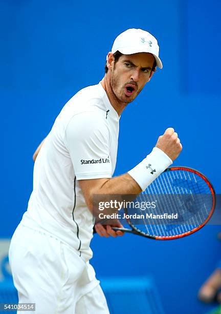 Andy Murray of Great Britain celebrates a game point during his semi-final match against Maric Cilic of Croatia during day six of the Aegon...