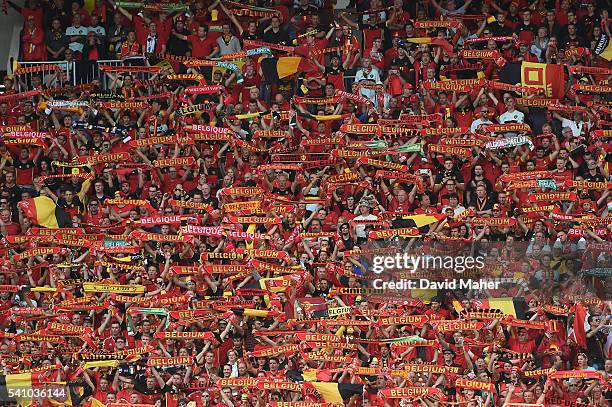 Bordeaux , France - 18 June 2016; Belgium supporters celebrate after their side's third goal in the UEFA Euro 2016 Group E match between Belgium and...