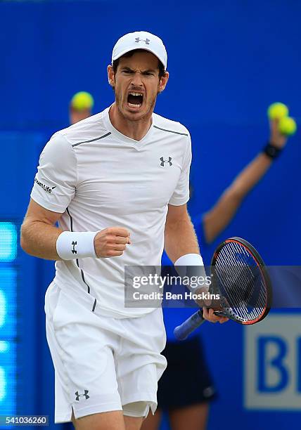 Andy Murray of Great Britain celebrates winning a point during his semi final match against Marin Cilic of Croatia on day six of the Aegon...