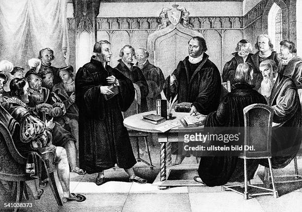 Martin Luther*10.11.1483-18.02.1546+German theologianColloquy about religion at Marburg in October 1529, on the left the Swiss theologian Ulrich...
