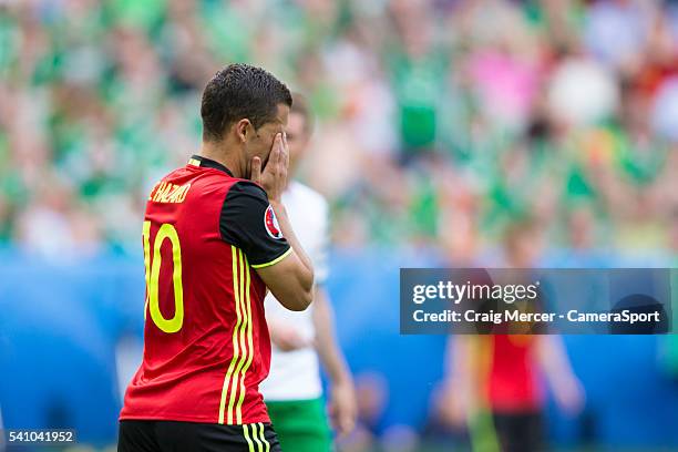 Belgium's Eden Hazard reacts to a missed chance during the UEFA Euro 2016 Group E match between Belgium and Republic of Ireland at Stade de Bordeaux...