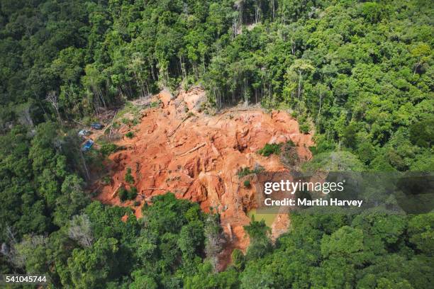 gold mining scar in rainforest in venezuela - phenomenon stock-fotos und bilder