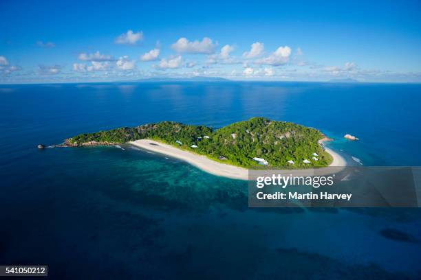 aerial view of cousine island.seychelles - island stock pictures, royalty-free photos & images