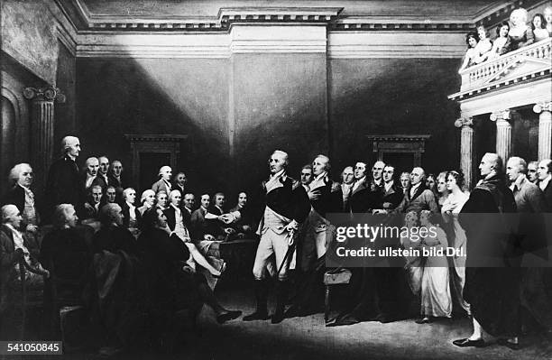 Politiker, USA1. Präsident der USA 1789-1797Washingtons Abdankung im State House inAnnapolis, MarylandGemälde von John Trumbull