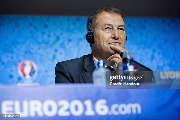 In this handout image provided by UEFA, Head coach Giovanni de Biasi of Albania attends a press conference on June 18, 2016 in Decines-Charpieu,...