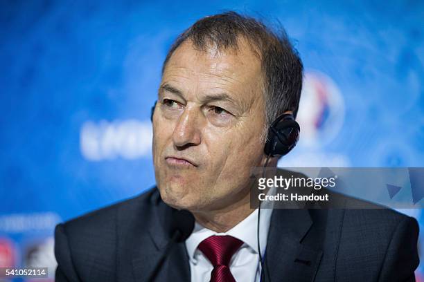 In this handout image provided by UEFA, Head coach Giovanni de Biasi of Albania attends a press conference on June 18, 2016 in Decines-Charpieu,...
