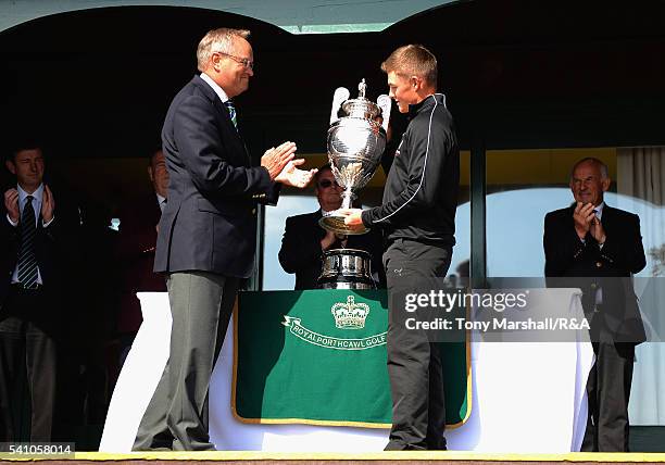Scott Gregory of Corhampton poses with The Amateur Championship Trophy at the presentation ceremony during The Amateur Championship 2016 - Day Six at...