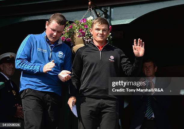 Robert MacIntyre of Glencruitten and Scott Gregory of Corhampton at the presentation ceremony during The Amateur Championship 2016 - Day Six at Royal...