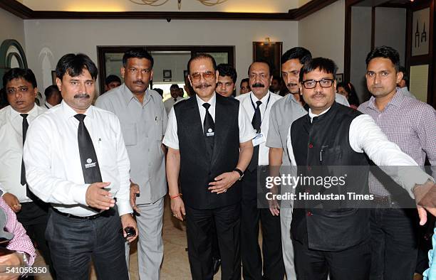 Sahara Chief Subrata Roy arrives at a hotel, on June 18, 2016 in Bhopal, India. The Supreme Court extended his parole till July 11 to enable the...