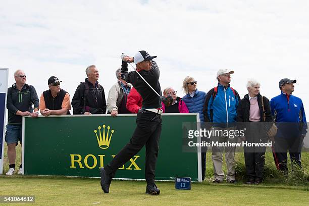 Scott Gregory of Corhampton tees off on the 13th hole during the Final of The Amateur Championship 2016 - Day Six at Royal Porthcawl Golf Club on...