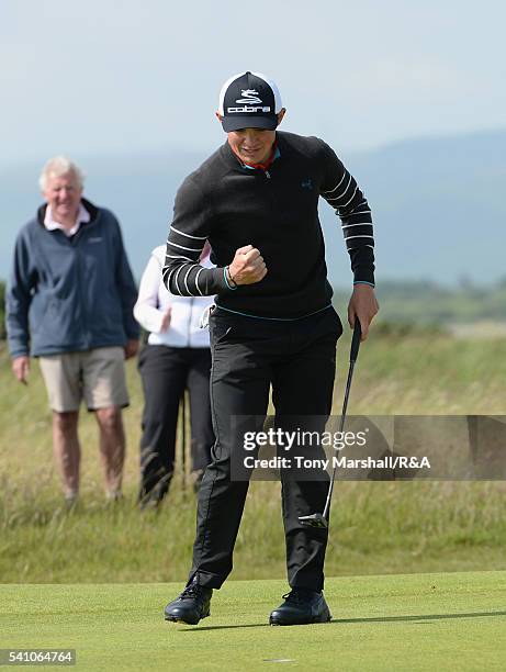 Scott Gregory of Corhampton celebrates winning The Amateur Championship on the 17th green during The Amateur Championship 2016 - Day Six at Royal...