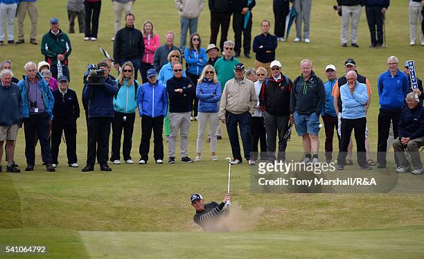 Scott Gregory of Corhampton plays out of a bunker on the 5th fairway during The Amateur Championship 2016 - Day Six at Royal Porthcawl Golf Club on...