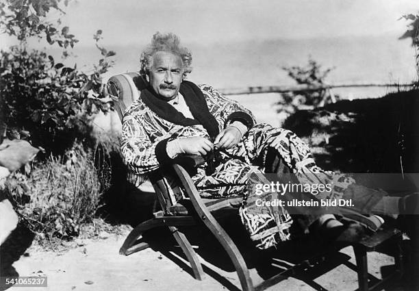 ' German/American physicist Albert Einstein in a deck chair at the Baltic Sea- 1928