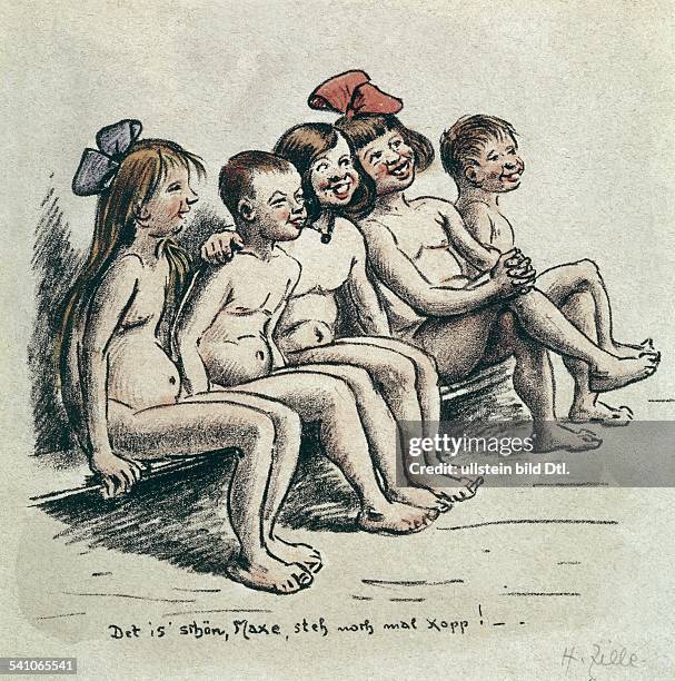 Heinrich Zille, painter, Germany - artwork: five children on a bench - 1924