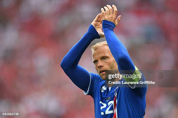 Eidur Gudjohnsen of Iceland applauds supporters during the UEFA EURO 2016 Group F match between Iceland and Hungary at Stade Velodrome on June 18,...