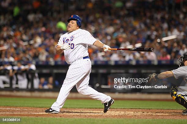 June 16: Pitcher Bartolo Colon of the New York Mets swings and misses at a pitch from A.J. Schugel of the Pittsburgh Pirates and almost loses his...