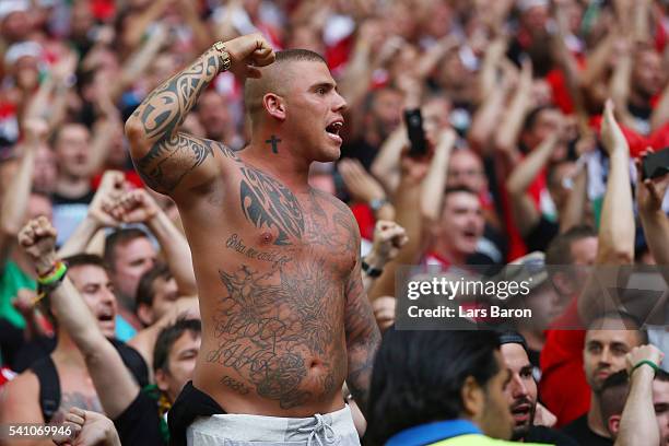 Hungary supporters enjoy the atmosphere during the UEFA EURO 2016 Group F match between Iceland and Hungary at Stade Velodrome on June 18, 2016 in...