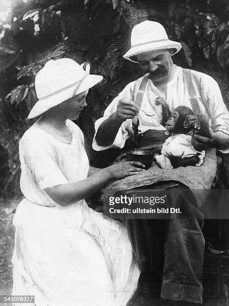 Albert Schweitzer, theologian, doctor, organist and musicologist.- care of a chimpanzee in the hospital of Albert Schweitzer in Lambarene, Gabun with...