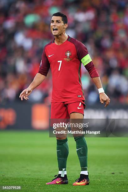 Cristiano Ronaldo of Portugal reacts during the UEFA EURO 2016 Group F match between Portugal and Austria at Parc des Princes on June 18, 2016 in...