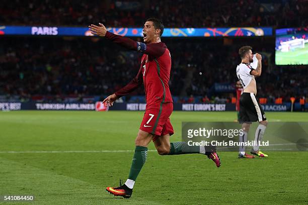Cristiano Ronaldo of Portugal reacts after his goal was disallowed for offside during the UEFA Euro 2016 Group F match between the Portugal and...