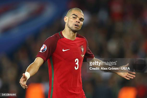 Pepe of Portugal reacts during the UEFA EURO 2016 Group F match between Portugal and Austria at Parc des Princes on June 18, 2016 in Paris, France.