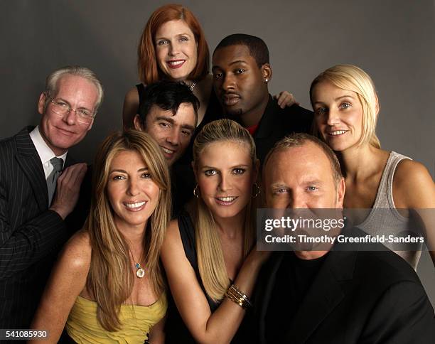 Tim Gunn, Jeffrey Sebelia, Laura Bennett, Michael Knight, and Uli Herzner. Front row, L-R: Nina Garcia, Heidi Klum, and Michael Kors.