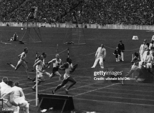 James Cleveland Owens, American athlete - 1936 Olympic Summer Games in Berlin, final 100 meters sprint - results:1. Jesse Owens 2. Ralph Metcalfe 3....