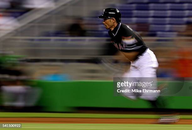 Ichiro Suzuki of the Miami Marlins runs to second during a game against the Colorado Rockies at Marlins Park on June 18, 2016 in Miami, Florida.
