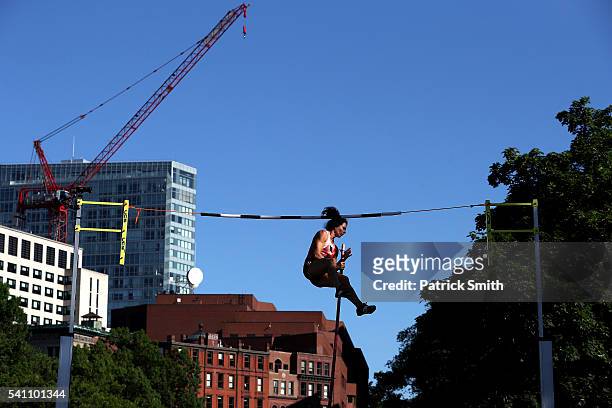 Jennifer Suhr of the United States practices for the women's pole vault during day two of the Adidas Boost Boston Games on Charles Street between the...