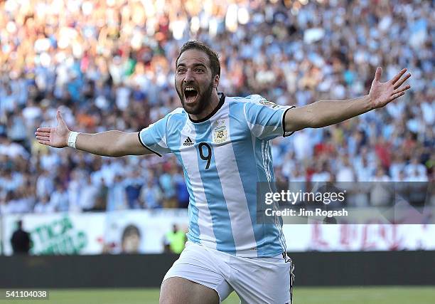 Gonzalo Higuain of Argentina celebrates his goal during the 2016 Copa America Centenario quarterfinal match against Venezuela at Gillette Stadium on...