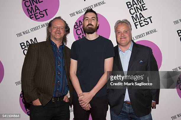 Actor Larry Fessenden, Filmmaker Ti West, and Tommy Nohilly attend the BAMcinemaFest 2016 "In A Valley Of Violence" premiere at BAM Harvey Theater on...