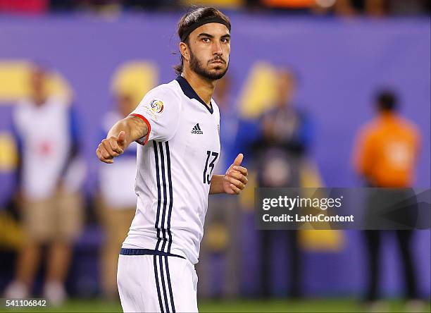 Sebastian Perez of Colombia reacts after scoring a penalty shot against Peru in a shootout during a Quarterfinal match at MetLife Stadium as part of...