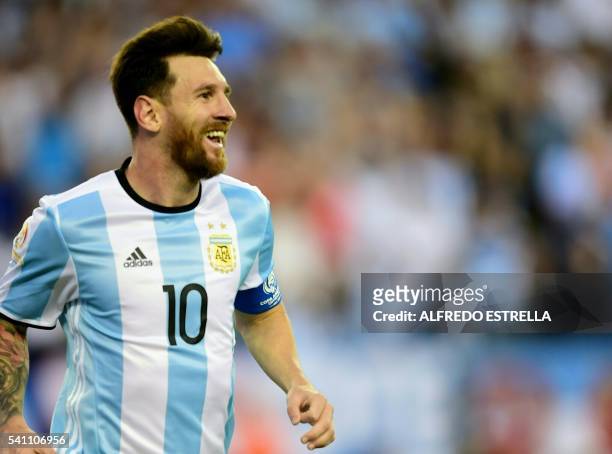 Argentina's Lionel Messi celebrates after scoring against Venezuela during the Copa America Centenario football quarterfinal match in Foxborough,...