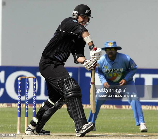 New Zealand's opening batsman Stephen Fleming blocks a ball bowled by Irfan Pathan, during their Fifth one day International Triangular series match,...