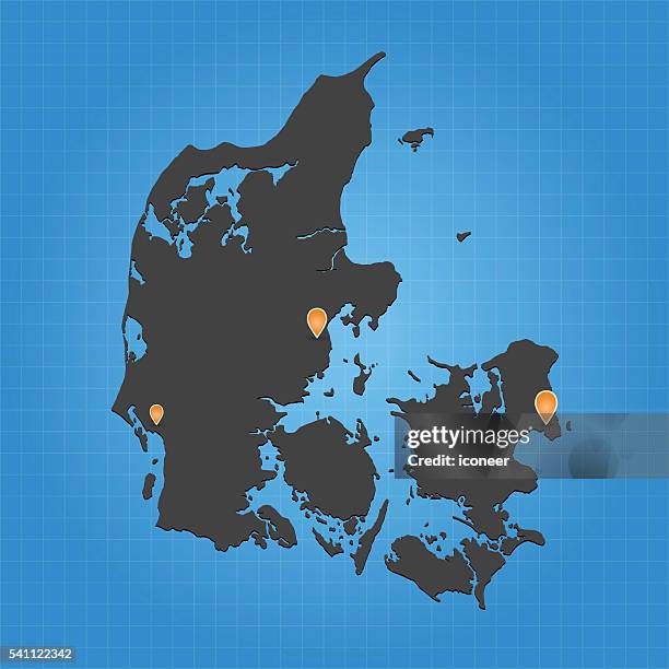 denmark dark map with city markes on gradient grid background - city grid vector stock illustrations