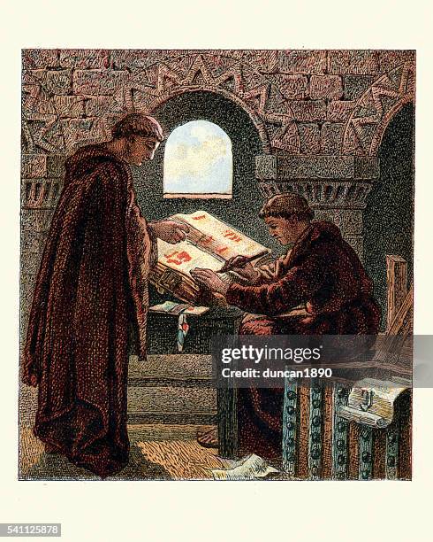 monks writing the domesday book - circa 11th century stock illustrations