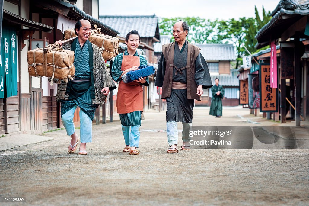 Japanese farmers walk down our street,Kyoto,Japan
